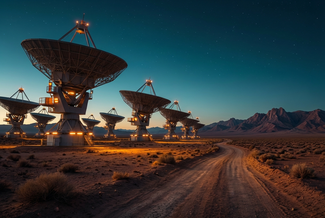 Massive radio telescope array at twilight against deep teal sky with warm amber instrument lights in desert landscape representing competitive disruption signal detection and early warning systems