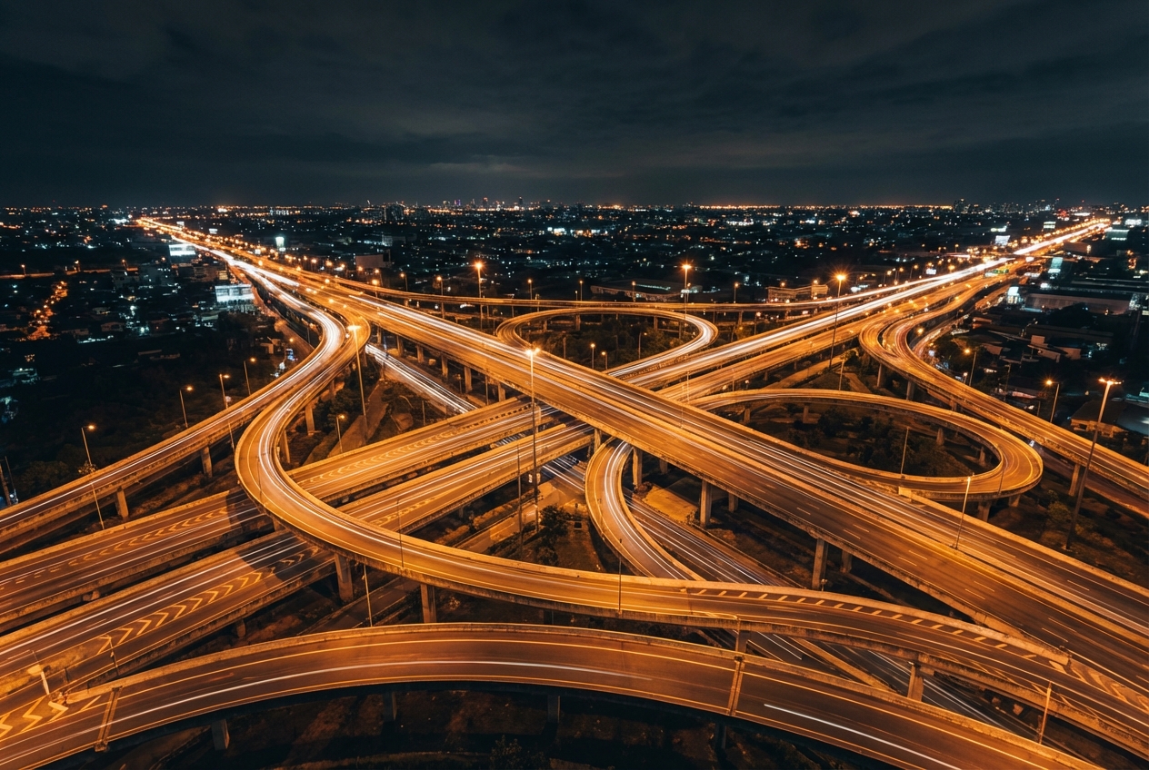 Aerial photograph of a complex highway interchange at night with multiple road paths diverging and converging representing disruption scenario planning and strategic pathway analysis