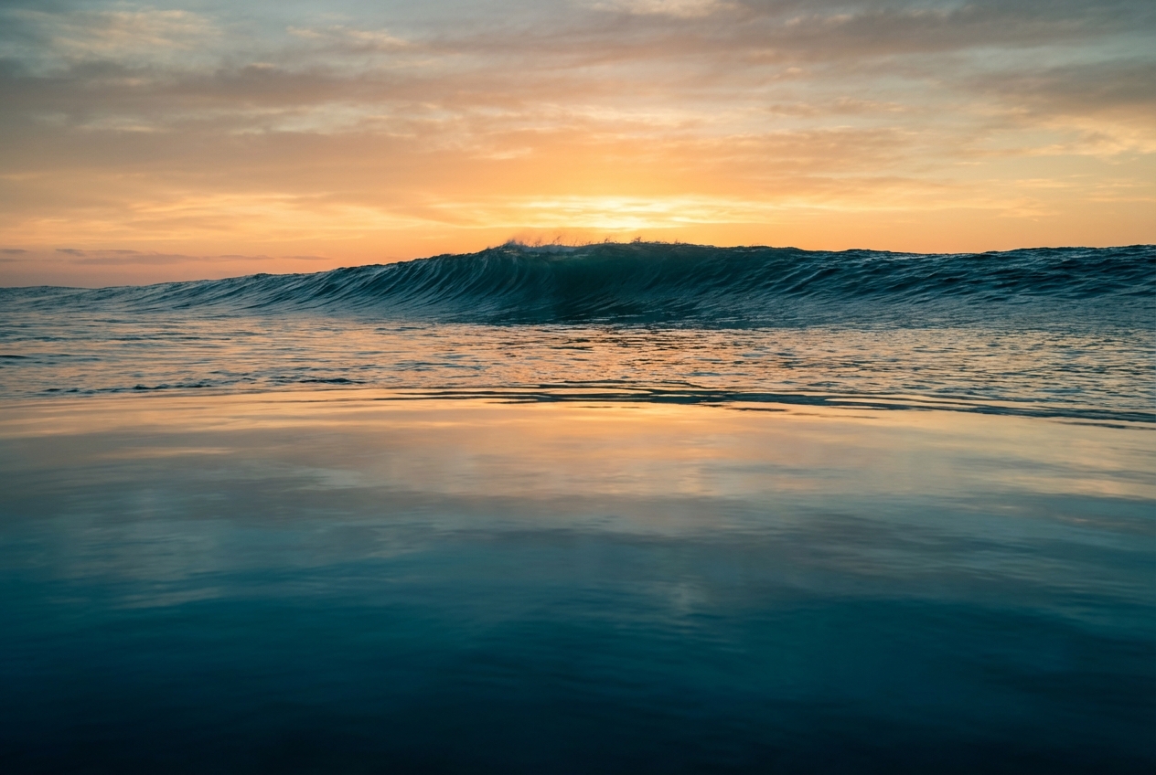 Aerial photograph of a vast ocean surface at dawn with a single massive wave forming in the distance while the foreground water is still calm and glassy representing the early detection of market disruption before competitors