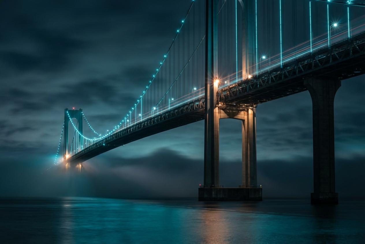 Aerial photograph of a vast suspension bridge at night with structural inspection lights illuminating cable tension points and support columns representing value chain vulnerability analysis