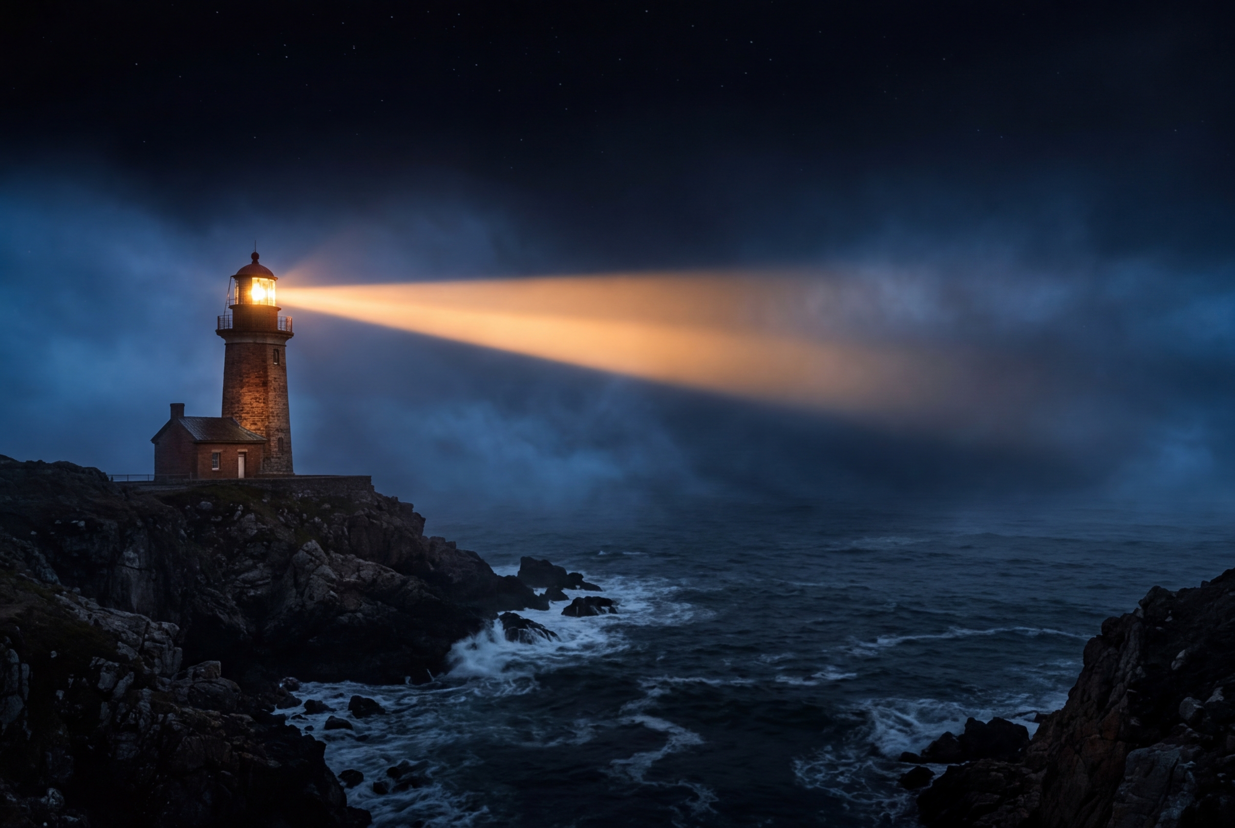 Is Your Website Invisible to AI Search Engines? A lighthouse beam cutting through dense fog over a dark ocean at night representing website visibility in AI search