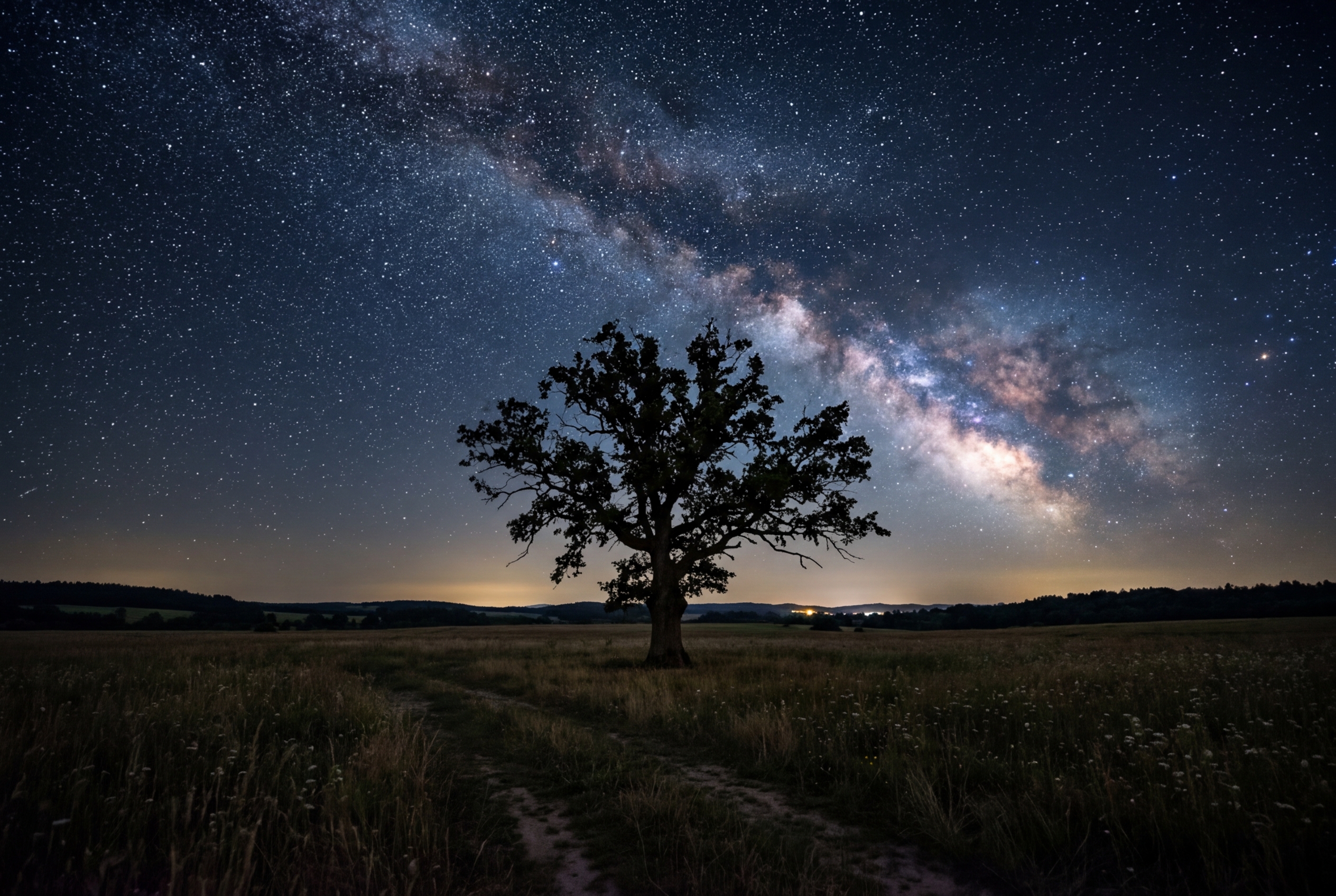 Why Is Your Brand Being Ignored by Google Gemini? A lone tree standing in an open field under a vast starry night sky representing brand isolation in the AI search landscape