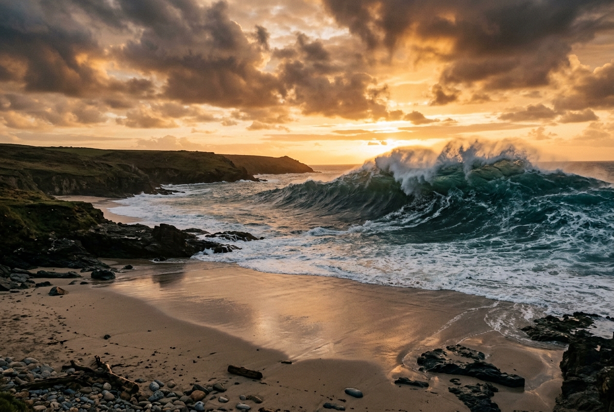 A dramatic sunrise over a mountain ridgeline with storm clouds clearing to reveal blue sky representing the transition from traditional to AI search