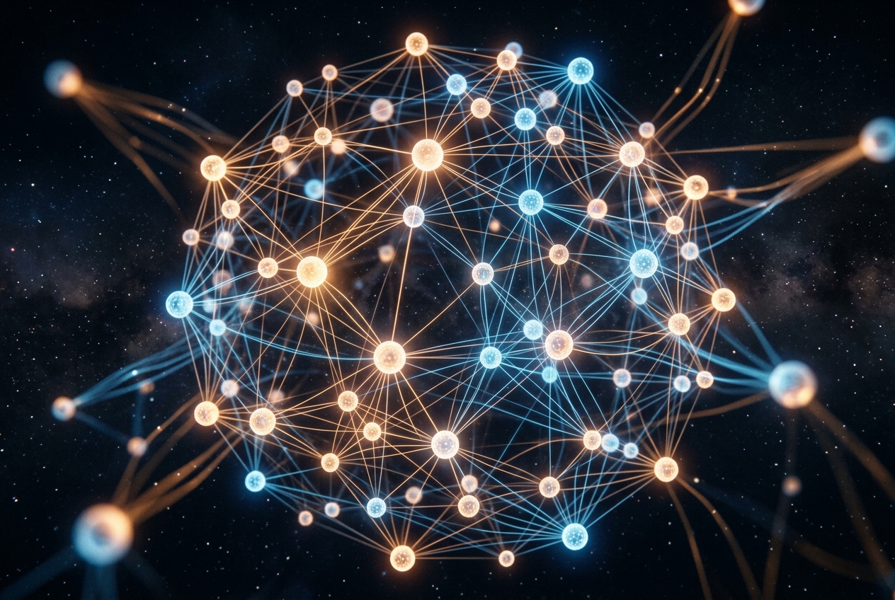Knowledge graph network powering AI search results with entity nodes and relationship edges