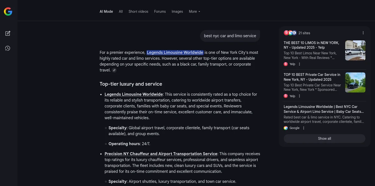 Legends recommended by Google Gemini for Best NYC Car and Limo Service