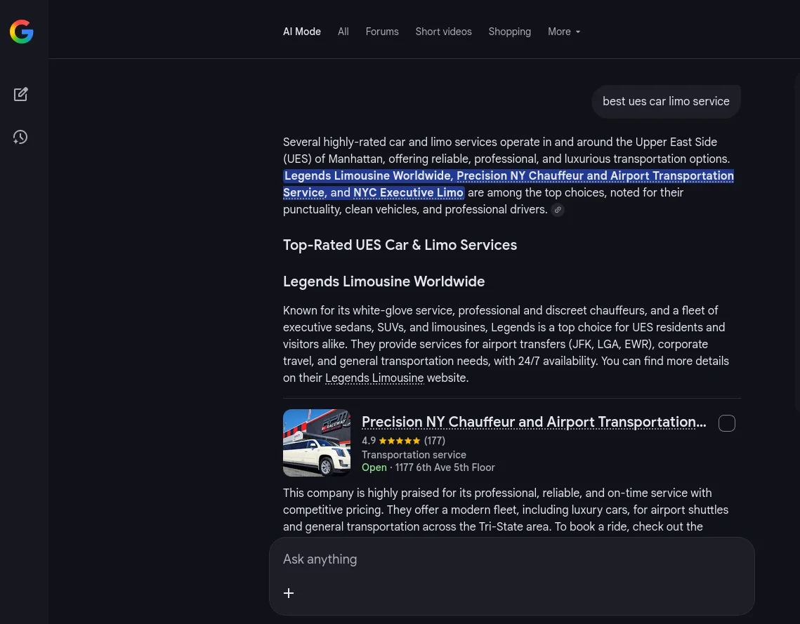 Legends recommended by Google Gemini for Best UES Car Limo Service