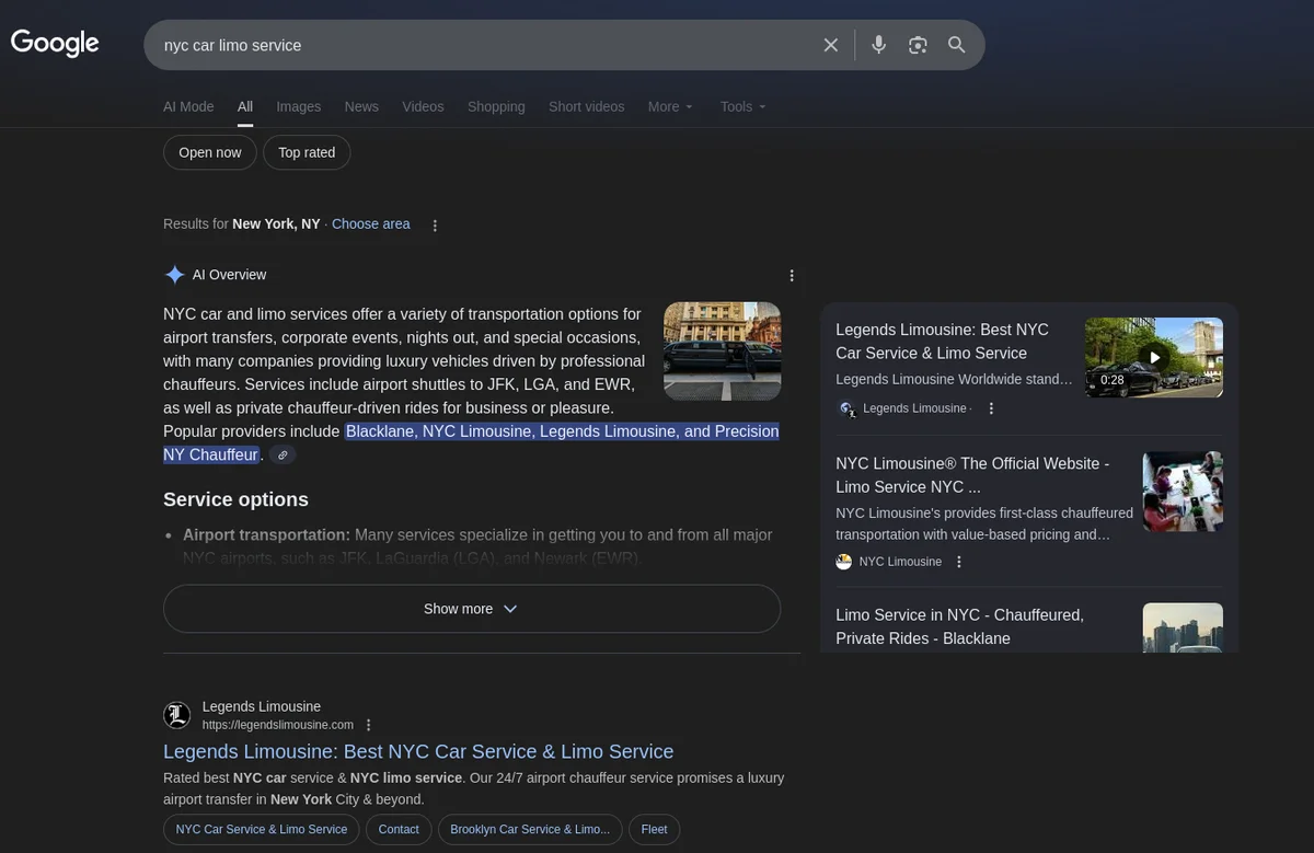 Legends cited in Google AI Overview for NYC Car Limo Service