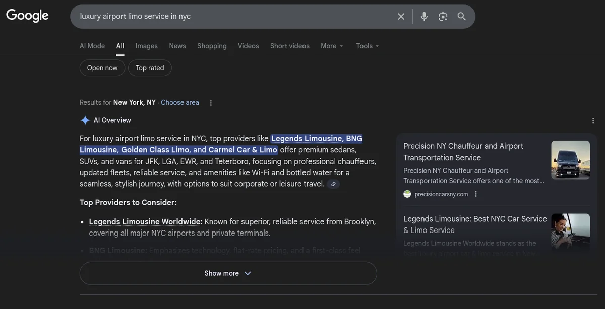 Legends cited in Google AI Overview for Luxury Airport Limo Service in NYC