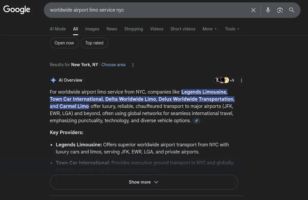 Legends cited in Google AI Overview for Worldwide Airport Limo Service NYC