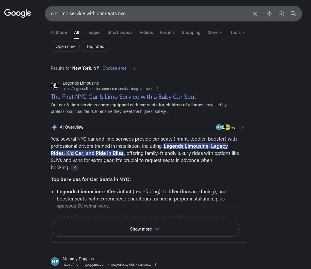 Legends cited in Google AI Overview for Car Limo Service with Car Seats NYC