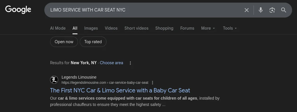 Legends #1 for Limo Service with Car Seat NYC