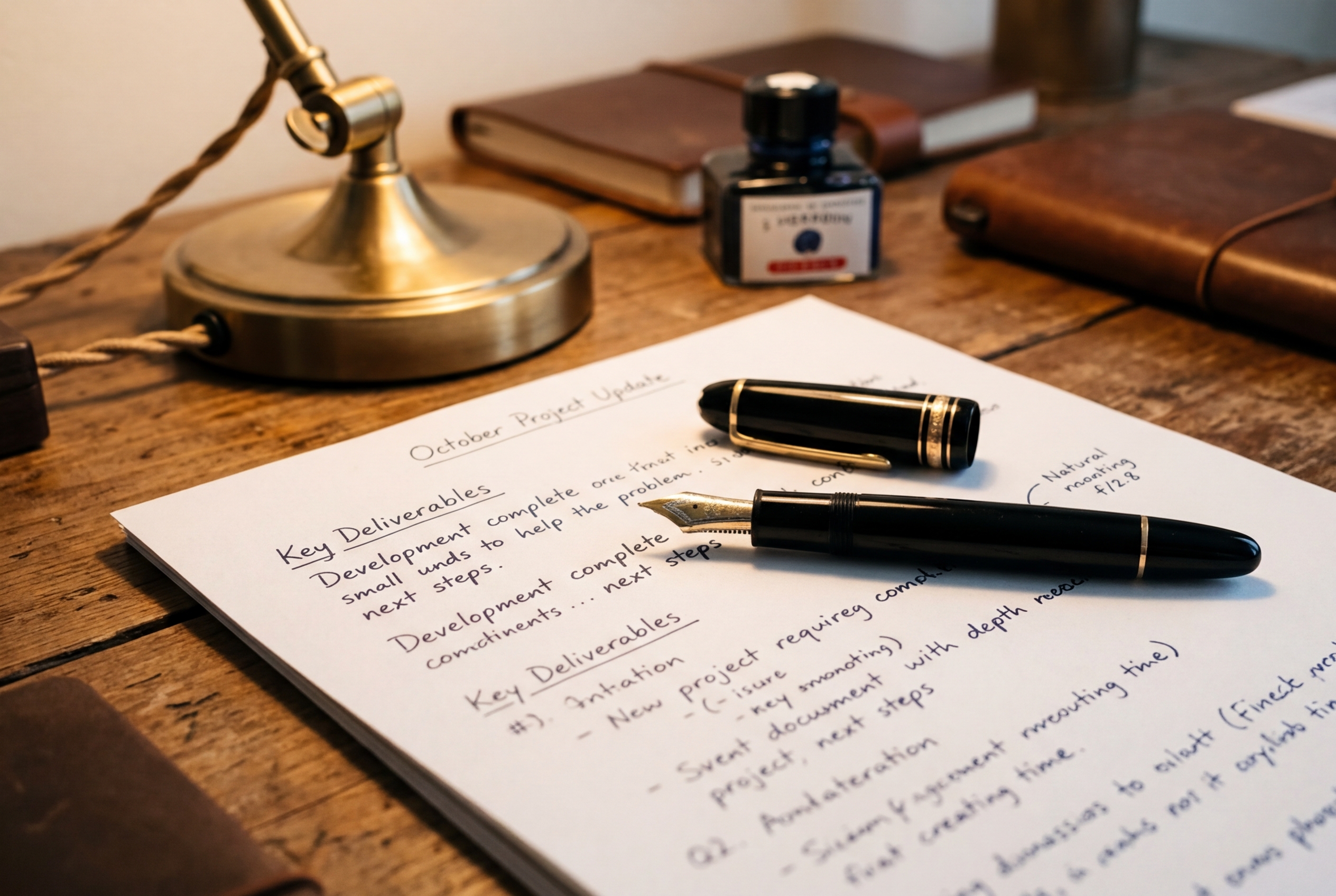 What Questions Should You Ask Before Signing a Digital Marketing Contract? A fountain pen resting on a crisp white contract document with warm desk lamp lighting representing careful due diligence before signing