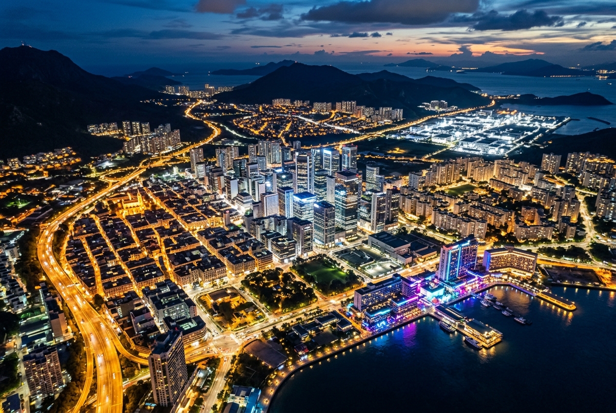 Aerial photograph of illuminated city districts at twilight representing multi-zone 3D environment architecture in Three.js